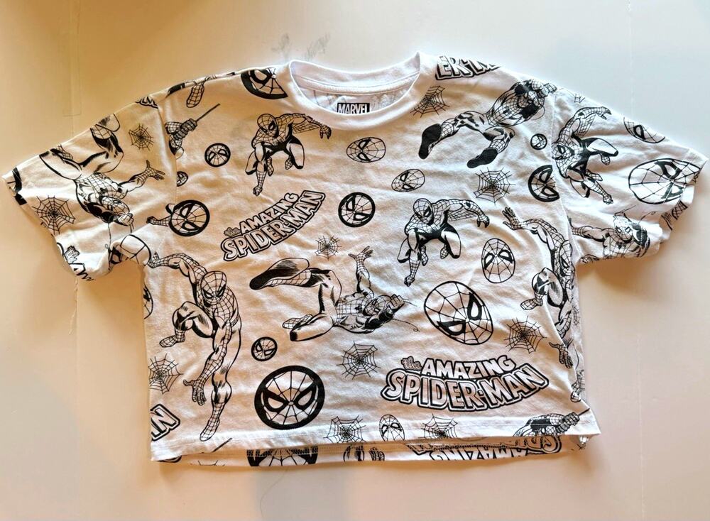 Marvel The Amazing Spider-Man Women’s Large White Black All Over Print Crop Tee